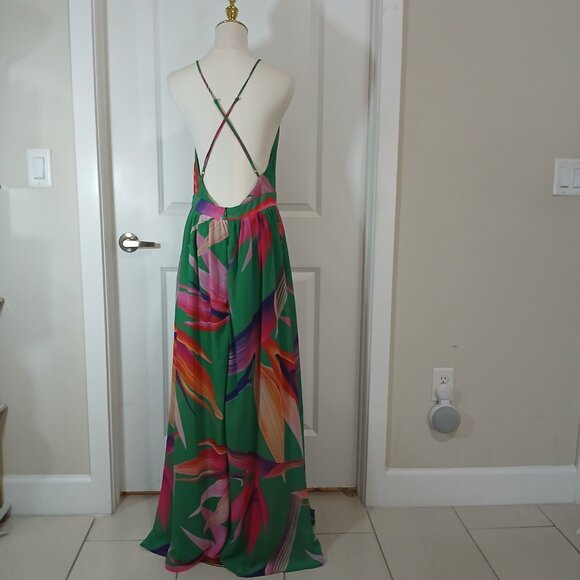 Shein Maxi Dress Women’s Size L Multicolor Deep V Neck Backless Halter - Picture 4 of 8